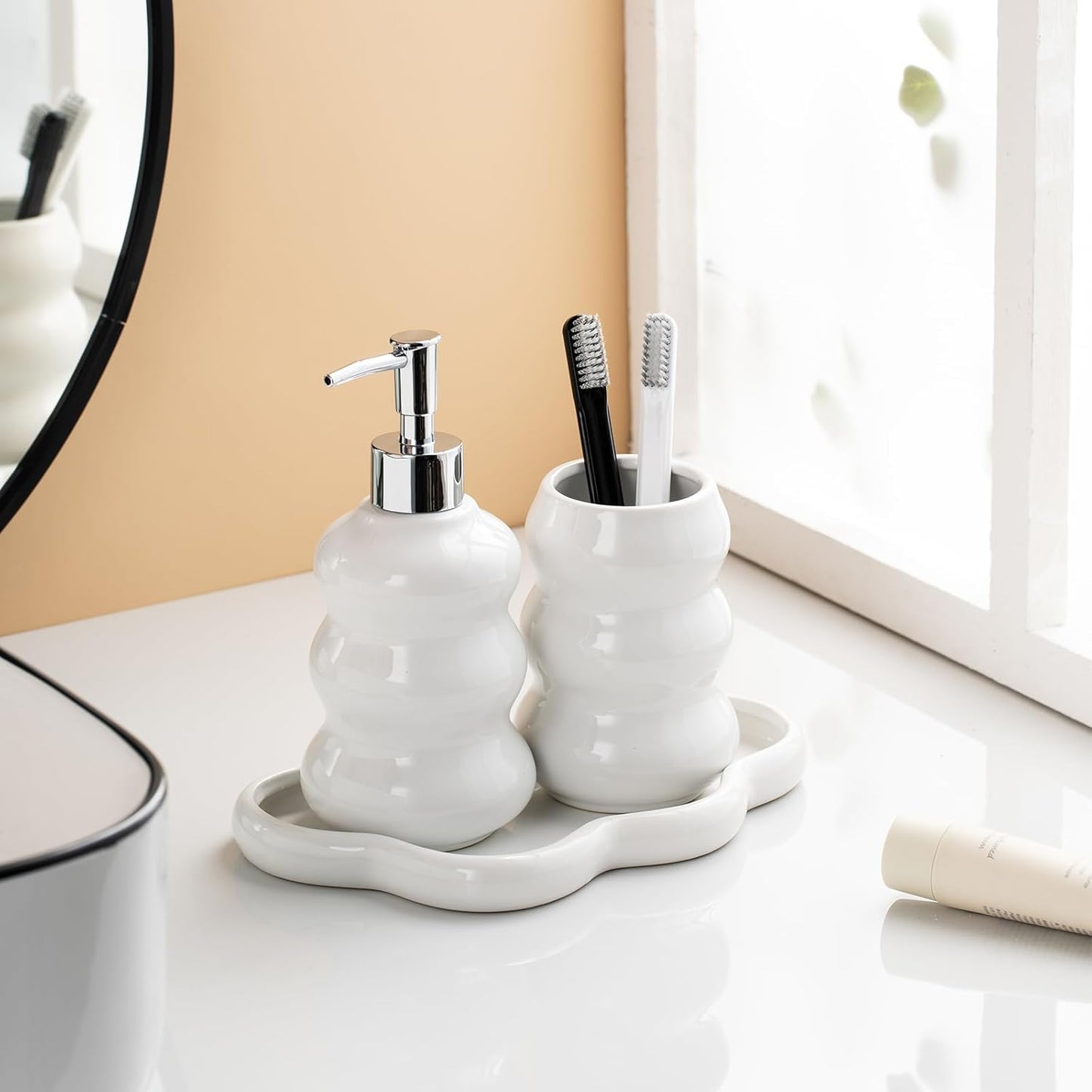 3-Piece White Ceramic Bathroom Accessories Set with Tray, Lotion Dispenser, and Tumbler for a Luxurious Bath Experience