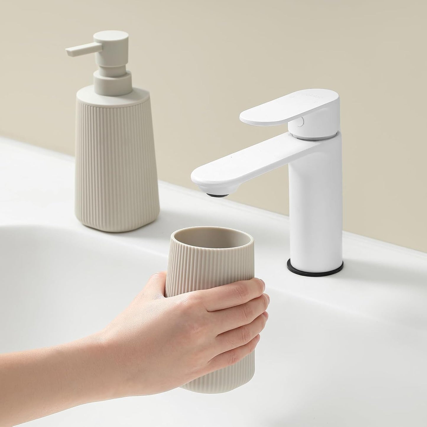 Bathroom Accessories 2 Piece Soap Dispenser and Toothbrush Holder Set Striped Beige