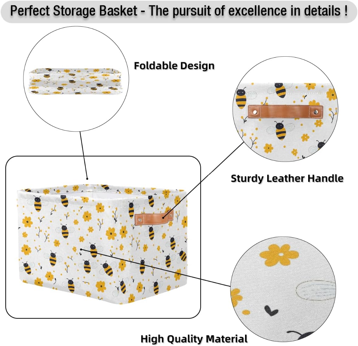 Bee Storage Basket for Shelves, Storage Bins with Handles, Collapsible Basket for Organizing, Closet Toy Baskets for Nursery Room, 15x11x9.5 in, Canvas, Yellow Bee