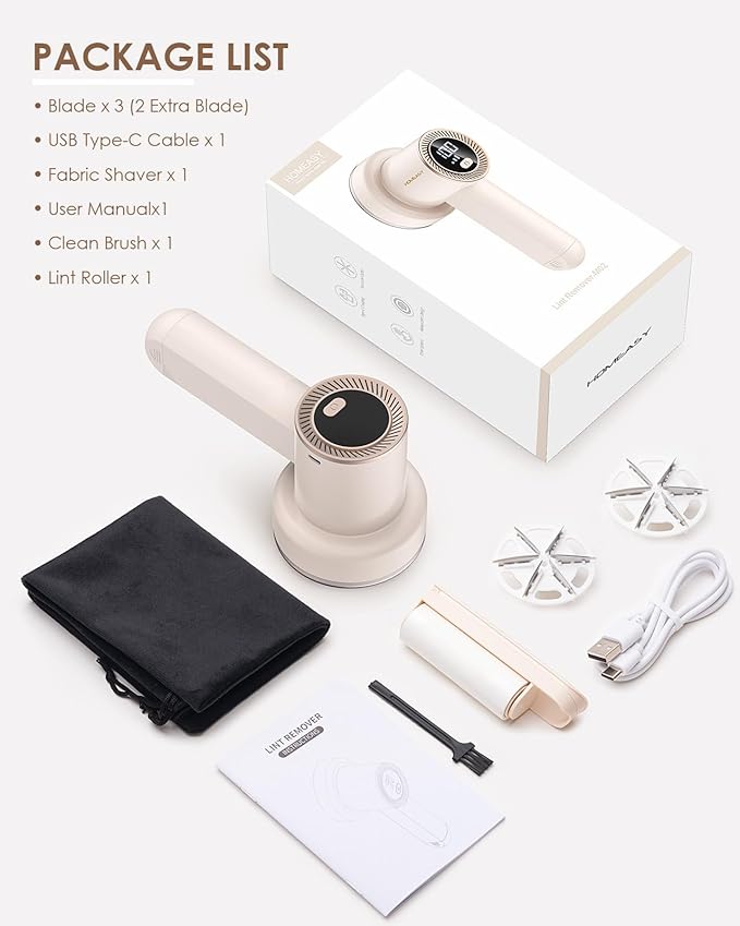 Fabric Shaver Fuzz Remover Rechargeable, HOMEASY Electric Lint Remover Shaver with 3 Blades & LED Digital Display, Sweater Couch Fabric Pill Shaver for Sweater, Couch, Furniture