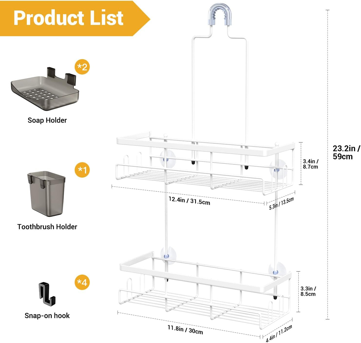 Shower Caddy Hanging Bathroom Organizer: Rustproof Shelf for Inside Shower - No Drilling Racks Over Showerhead - Bath Shelves for Shampoo, Soap White
