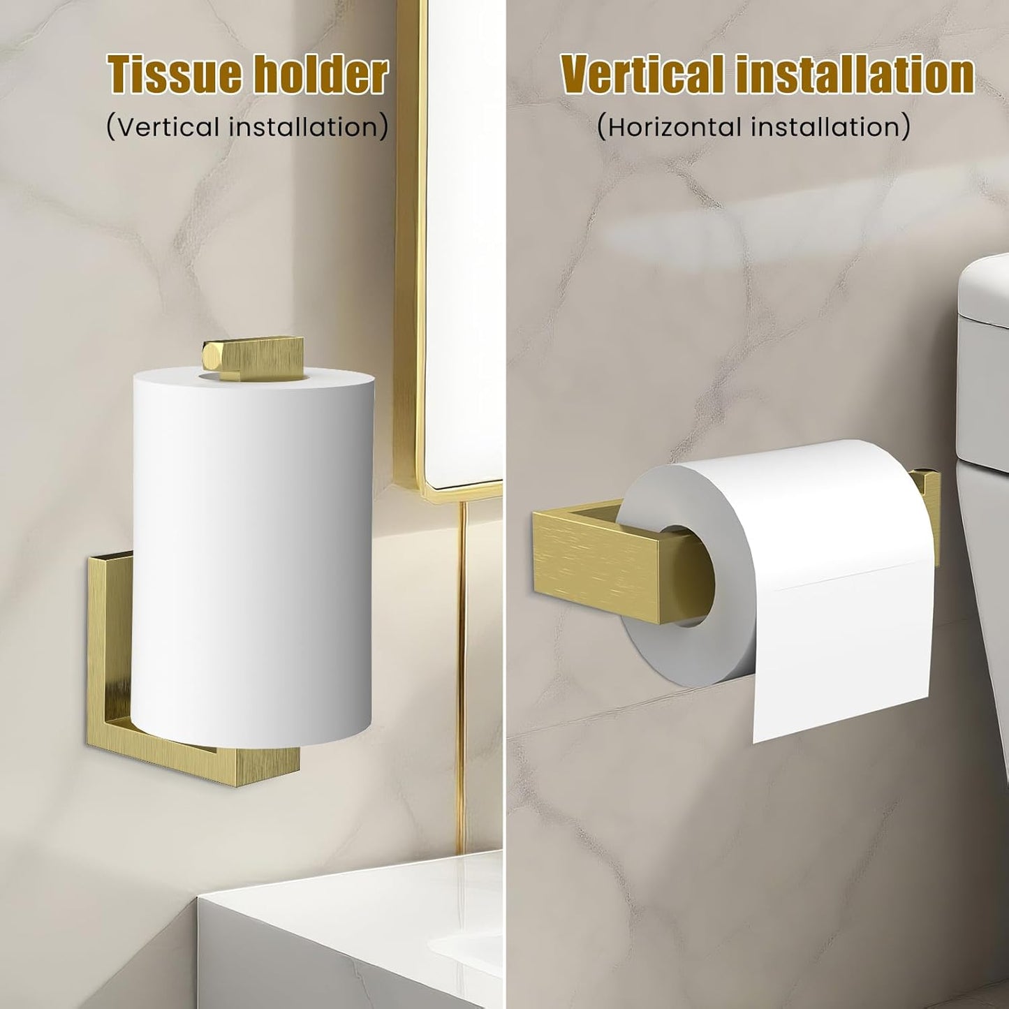 4 Pcs SUS304 Stainless Steel Bathroom Accessories Set, 24" Towel Bar, Towel Holder, Toilet Paper Holder, Robe Hook, Minimalist Design for All Styles Bathrooms (Gold)