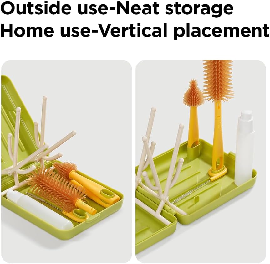 YOTIME Travel Bottle Brush, Travel Bottle Cleaner Kit with Foldable Bottle Drying Rack, for Visit Friends and Relations, Baby Travel Essentials, BPA Free, Green