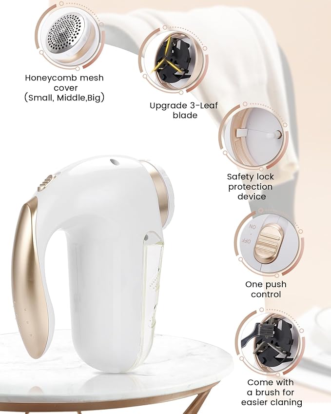 SUPER LINT Electric Fabric Shaver Best Rated Sweater Shaver Fuzz Pill Bobble Remover for Fabric Fleece Curtains Clothes, White & Gold