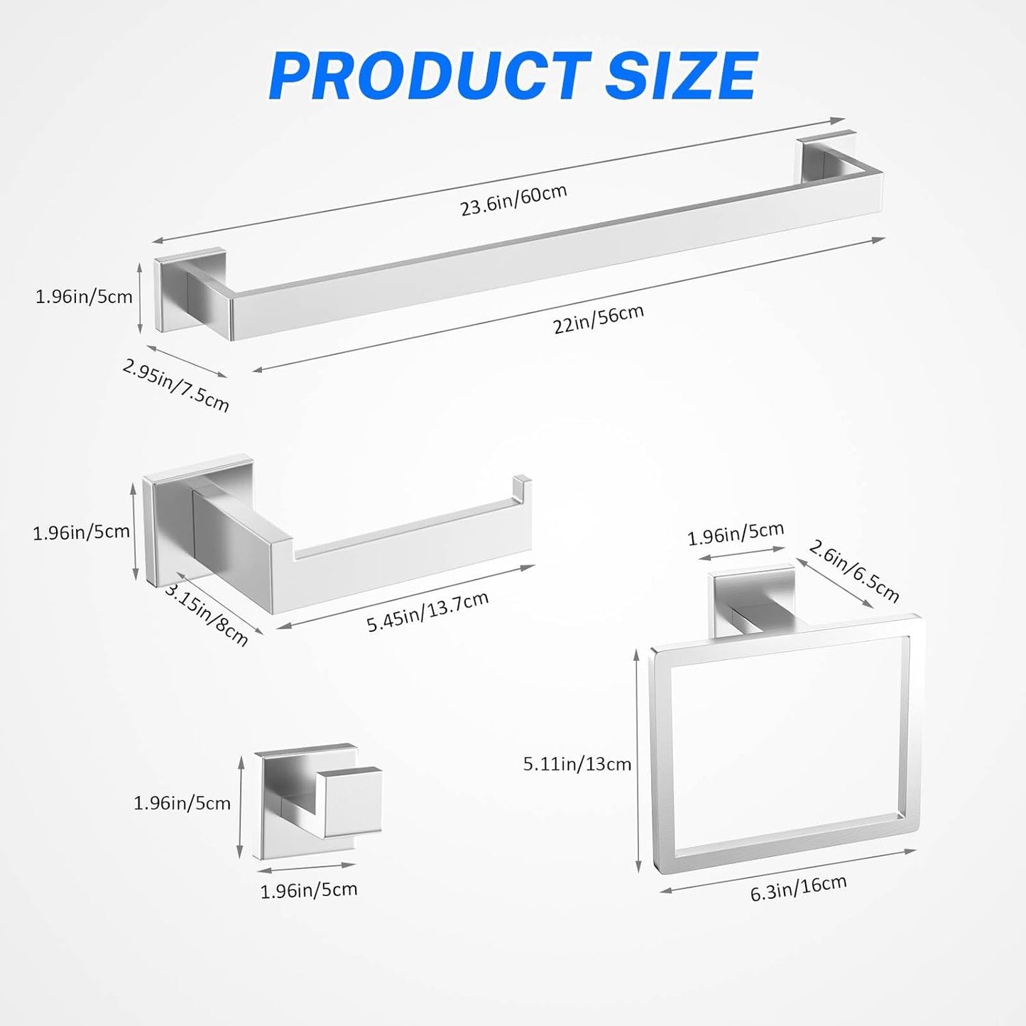 5 Pieces Brushed Nickel Towel Bar Set Bathroom Hardware Accessories Set Include 23.6 Inch Towel Bar Toilet Paper Holder Towel Ring Coat Hooks SUS304 Stainless Steel Wall Mounted Towel Holder Set