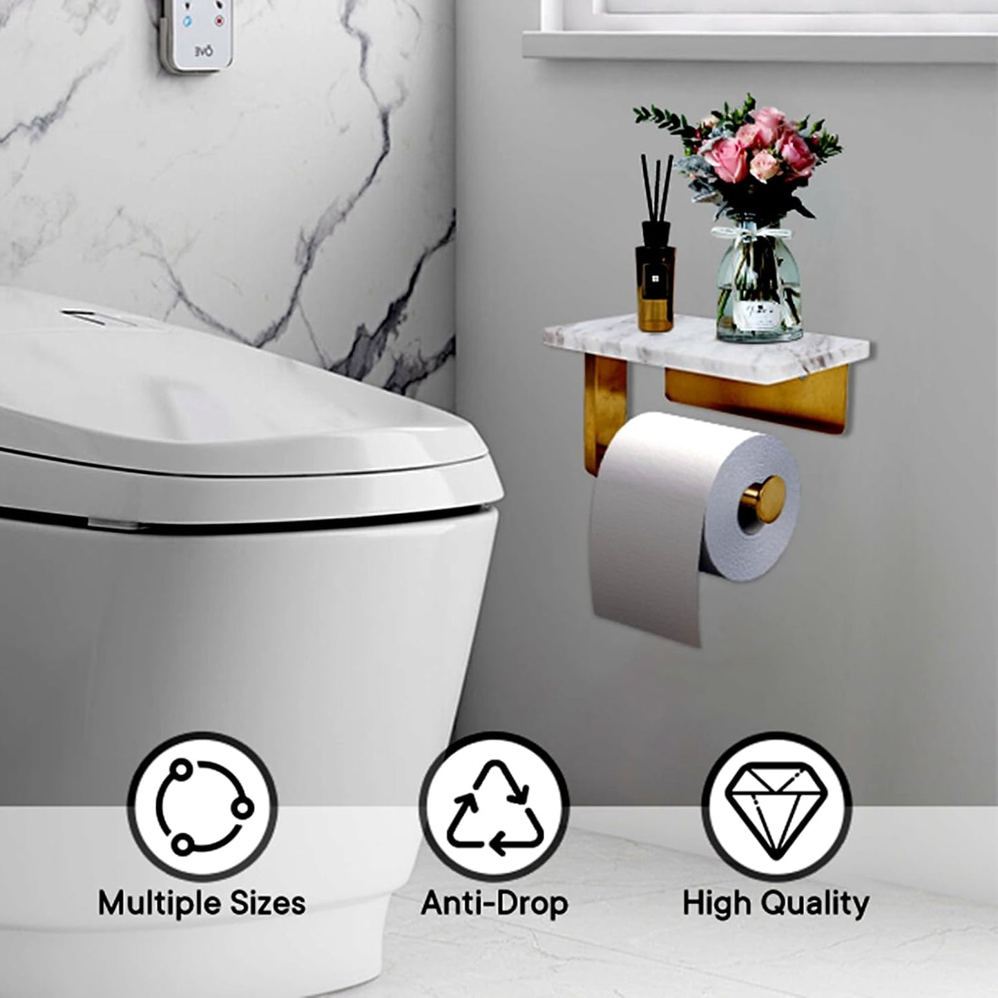 Toilet Paper Holder with Natural Marble Shelf for Bathroom Washroom,Wall Mounted Tissue Holder Suitable for Mega Roll (Brushed Gold, Small 6.7 * 4.3 in)