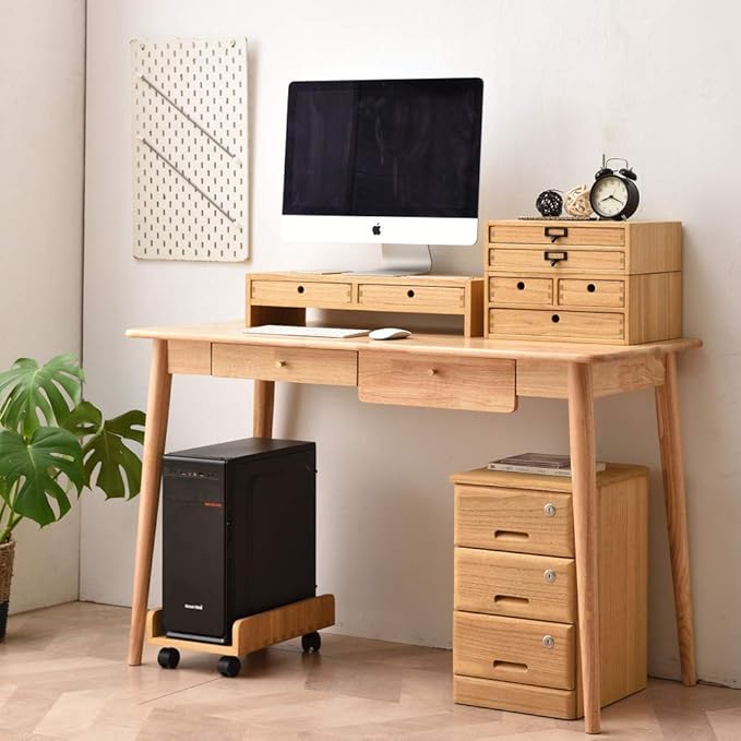 KIRIGEN Wood Monitor Stand with 2 Drawers - Computer Arm Riser Desk Storage Organizer,Speaker TV Laptop Printer Stand with Pen Slot and Cable Management,2-Tier Desktop Shelf NA-2PMJ