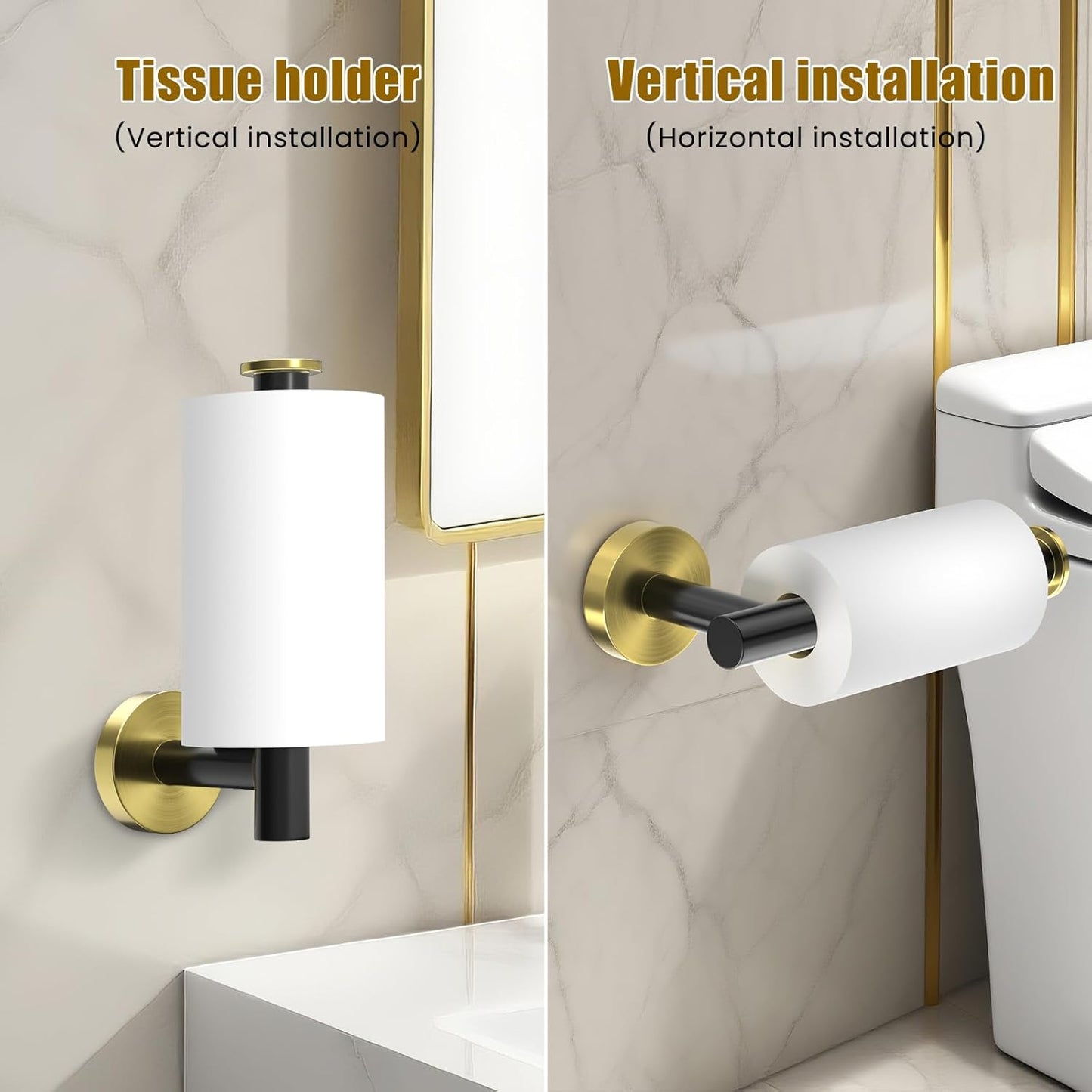 5 Pcs SUS304 Stainless Steel Bathroom Accessories Set, 24" Towel Bar, Round Towel Ring, Toilet Paper Holder, 2 Towel Hooks, Minimalist Design for All Styles Bathrooms (Black+Gold)