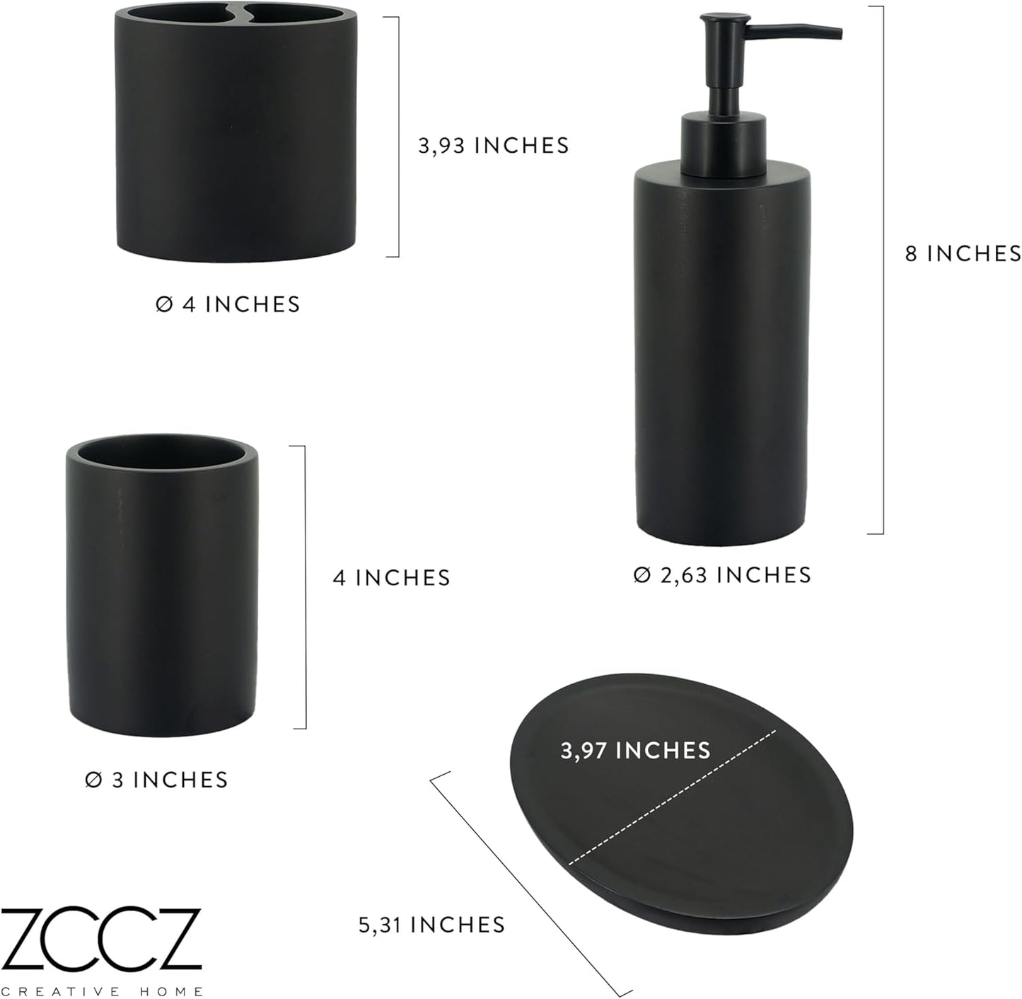 ZCCZ Bathroom Accessory Set, 4 Pcs Matte Black Bathroom Vanity Countertop Bathroom Décor Sets Accessories with Soap Dispenser, Toothbrush Holder Set, Tumbler, Soap Dish