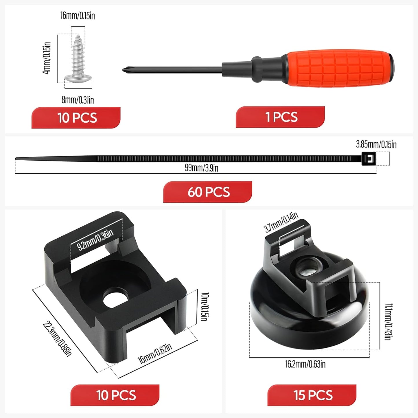 15Pcs Magnetic Cable Tie Mount, Multipurpose Magnetic Wire Clip, 10Pcs Saddle Type Mounts Base + 10 Tapping Screws + 1 Screwdrivers, 60Pcs Cable Ties