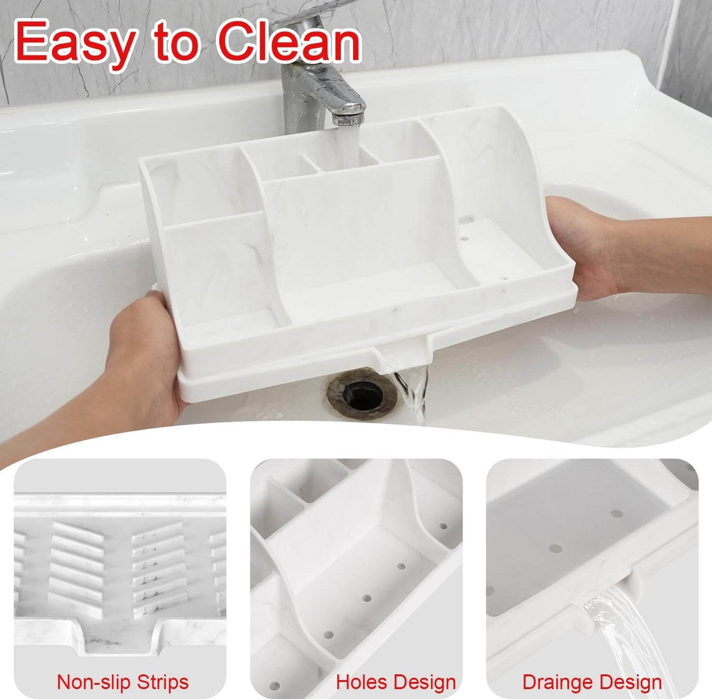 Large Size Silicone Tooth Brush Holder for Bathroom with Drainage, White Marble Toothbrush Holders, Easy Clean Bathroom Countertop Organizer Detachable Makeup Organizer for Vanity