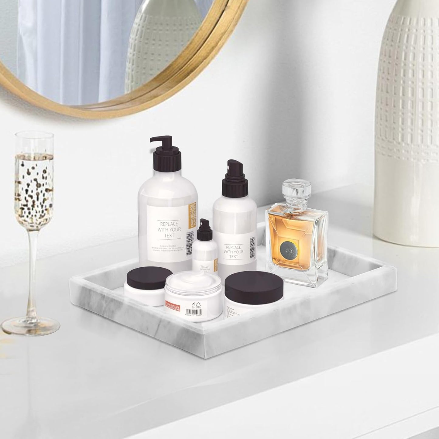 Marble Bathroom Tray,Pure Natural Marble Vanity Tray,Marble Tray for Kitchen Counter Non-Ceramic/Non-Resin,Stone Tray 12 x 8 inch (White)