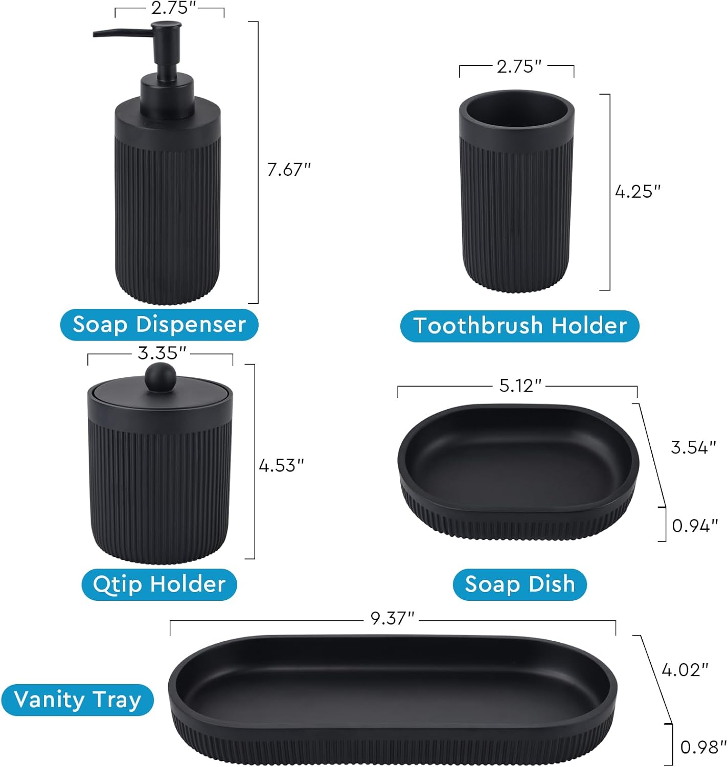 Bathroom Accessory Set 5Pcs-Lotion Soap Dispenser,Toothbrush Holder,Qtip Holder Dispenser,Vanity Tray and Soap Dish-Modern Bathroom Decor Vanity Countertop Organizer,Matte Black