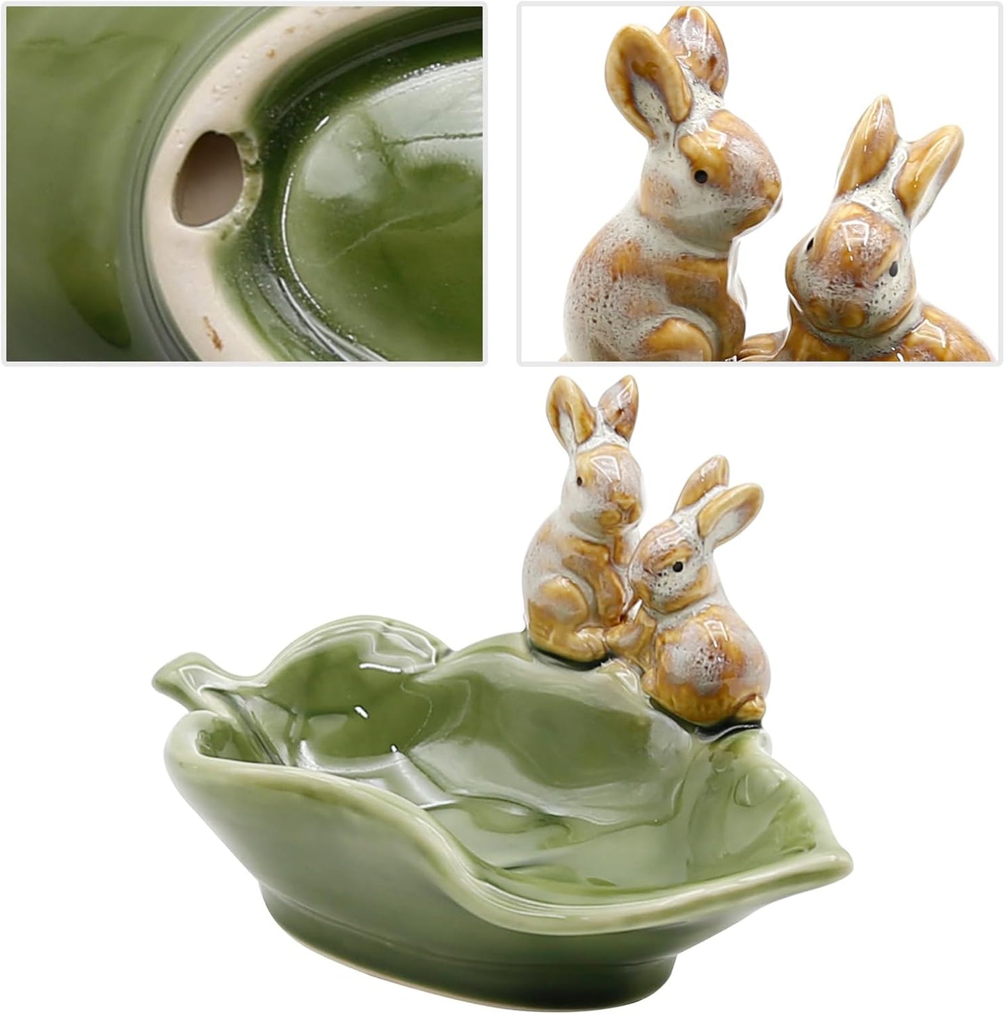 Rabbit Ceramic Soap Dish, Decorative Bunny Soap Plate, Sponge Holder,Key Bowl & Jewelry Tray, Green - Bathroom, Kitchen, Counter Organizer (1 Pack)
