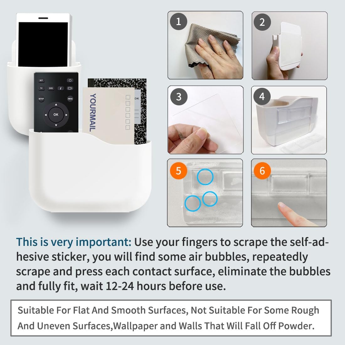 Remote Control Holder Wall Mount Set, Office Supplies Supply Organizer, Bedside Audio-Video Remote Control Shelving, with Self Adhesive Caddy Storage Box, White Wall Phone Stand Mail Sorters