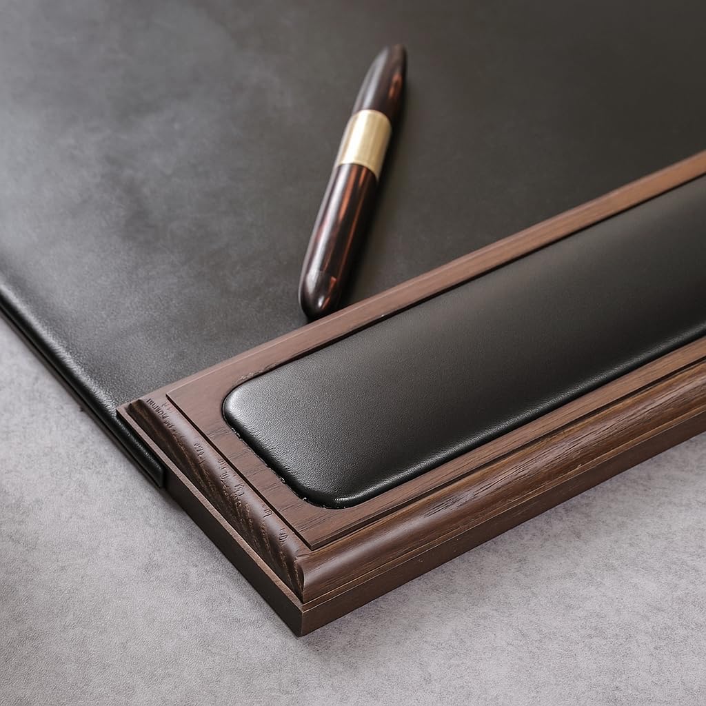 Walnut & Black Leather 34" x 20" Side-Rail Desk Pad