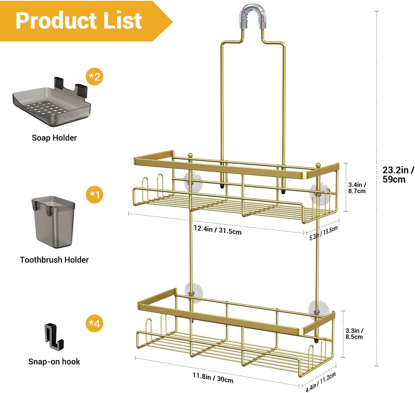 Shower Caddy Hanging Bathroom Organizer: Rustproof Shelf for Inside Shower - No Drilling Racks Over Showerhead - Bath Shelves for Shampoo Soap Gold