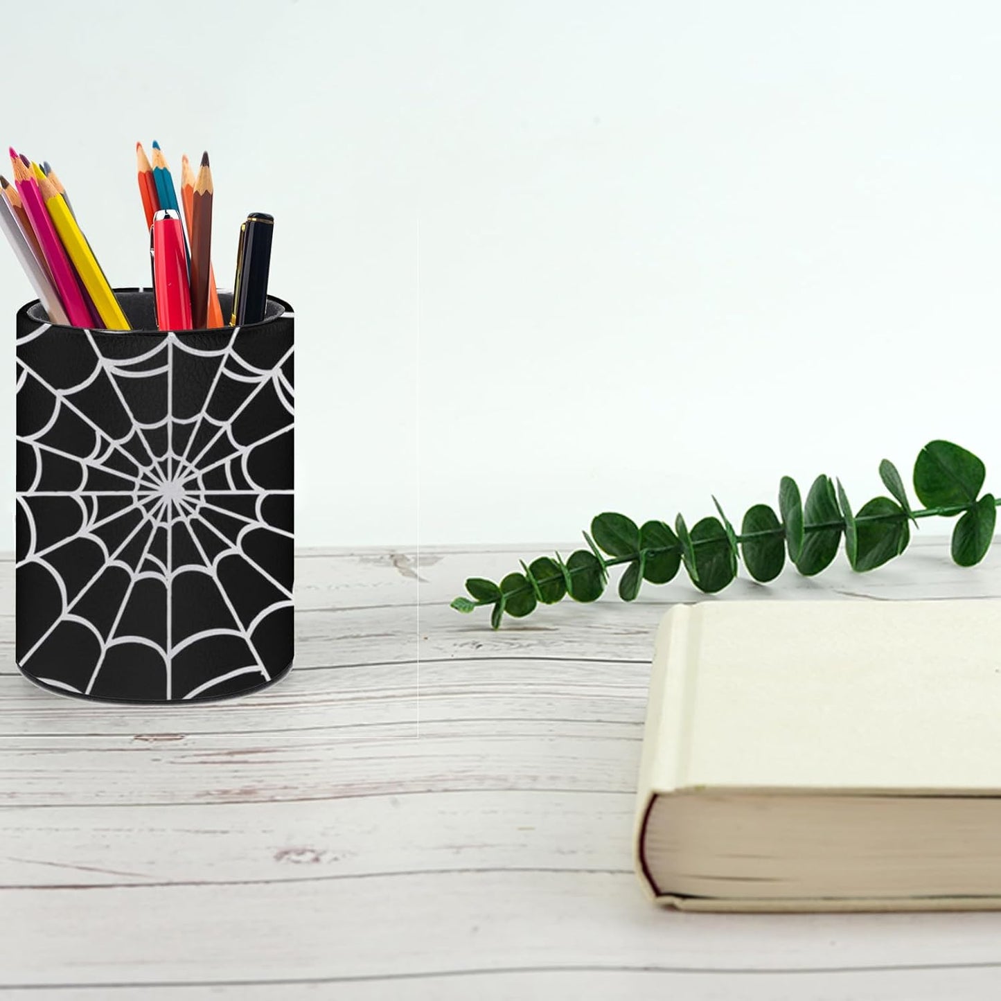 Spider Web Pen Holder Pencil Organizer Cute Pencil Cup Desk Decor Makeup Brush Holder PU Multifunctional Office Suppliesfor Home Classroom School