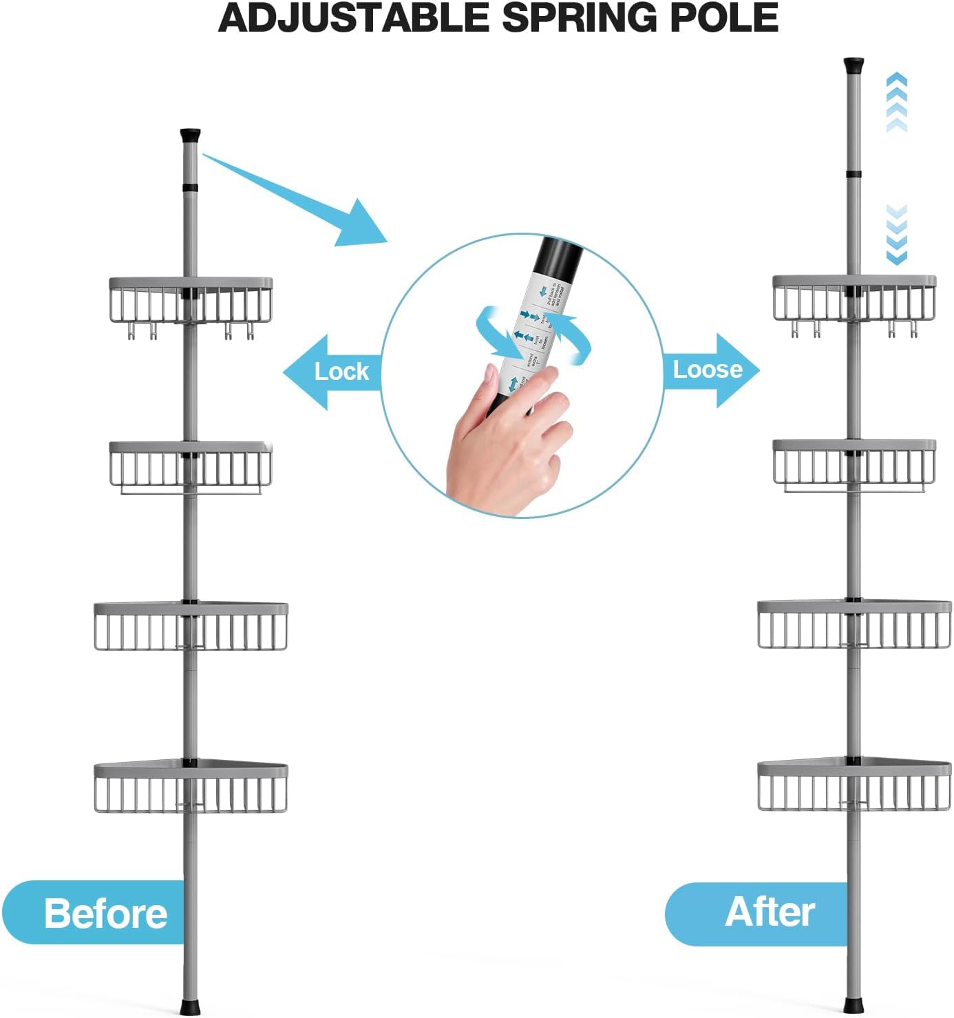 Corner Shower Caddy Tension Pole: Stainless Steel Rustproof 4-Tier Shower Organizer - 47-121 inch Adjustable Bathroom Shelves for Bathtub Shampoo Storage - Tension Rod Floor Standing Bath Rack
