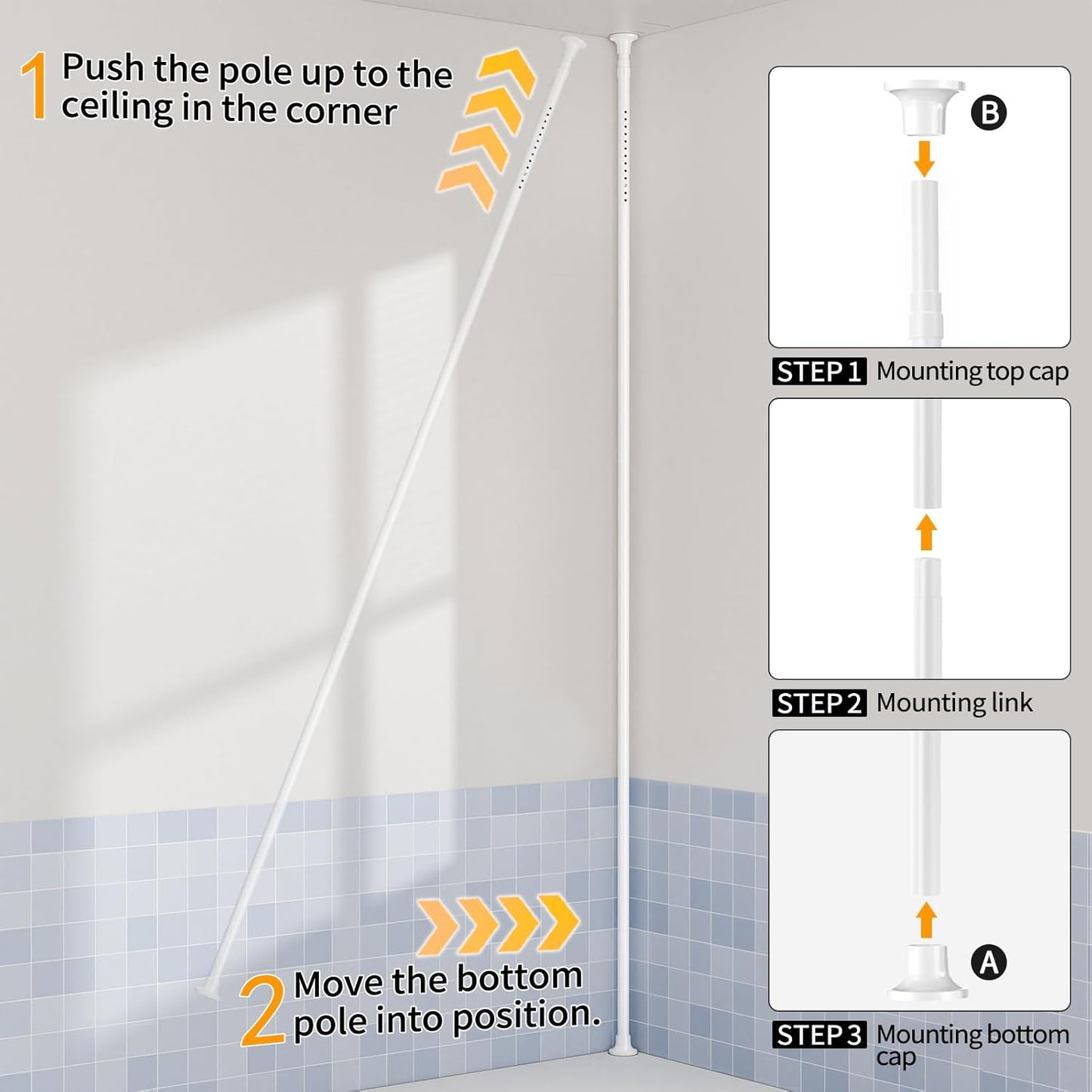 Shower Caddy Tension Pole with 4 L-Lazy Susan Organizer 360 Rotating 35-128 Inch No Drilling Floor Standing Shelves Adjustable Shower Rack for Bathroom Corner (White)