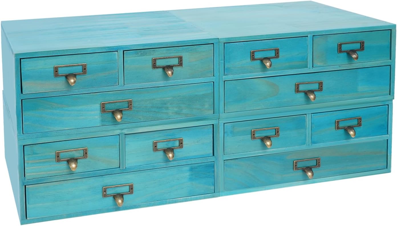 4-Piece Desktop Organizer Set with 3 Drawers, Wood & Metal Drawer Storage, Wooden Desktop Organizer for Store Cosmetics, Jewelry, Letters, Papers, Tea Bags, Sugar Packets (Blue)