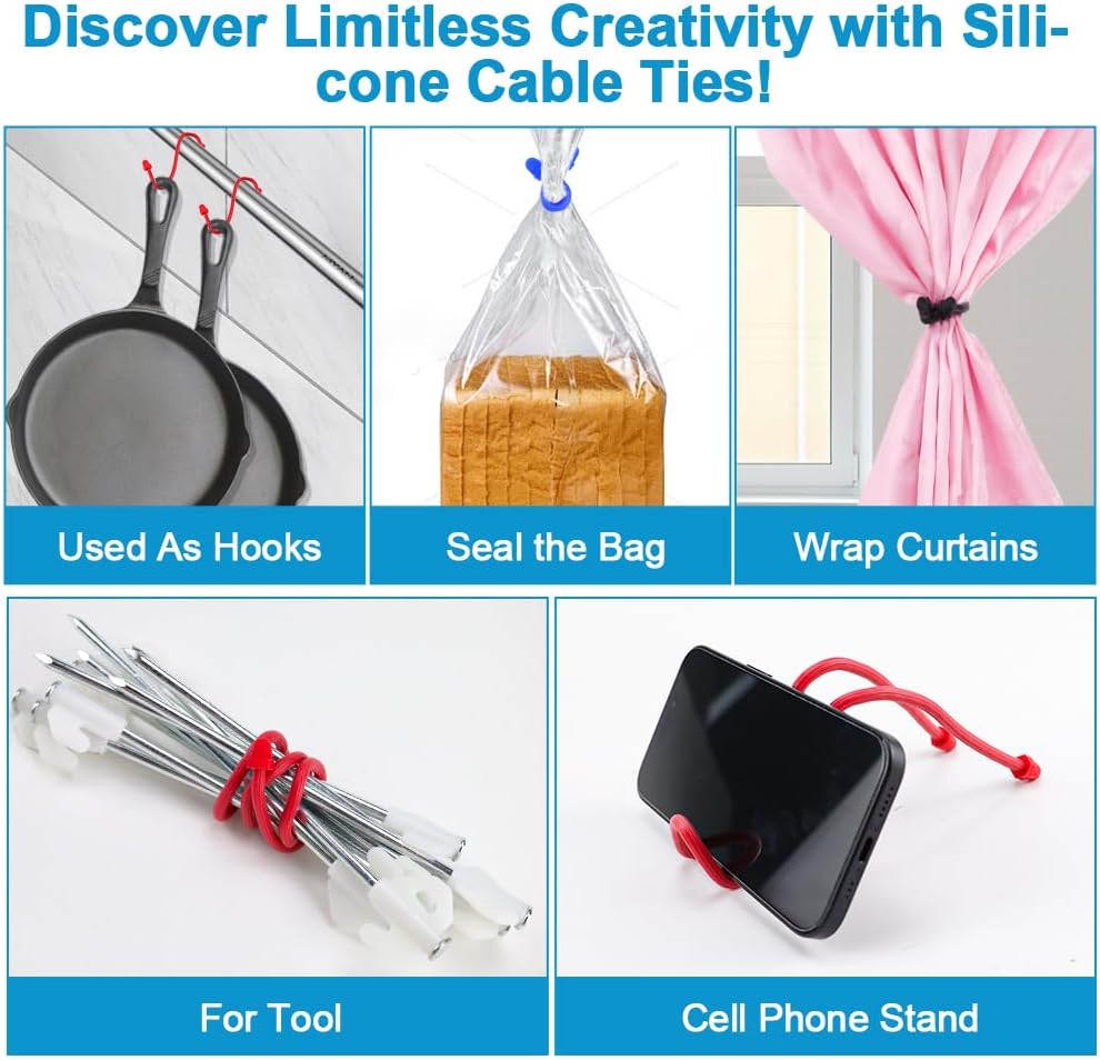 Silicone Twist Ties, Silicone Cable Ties, 16pcs Steel-Core Rubber Twist Tie, Cable Tie Straps Organizer, Reusable Twist Ties for Cords Wire. 3 6 12 and 18 inches