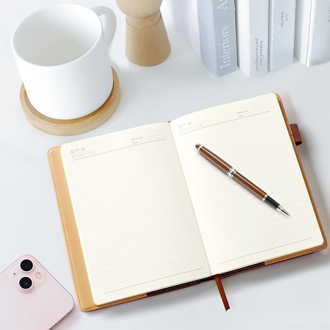 A5 Lined Leather Notebook and Pen Set with Gift Box, 240 Pages Refillable Journal with Pocket and Magnetic Buckle, Hardcover Daily Diary for Men and Women Business Travel Personal Writing- Brown