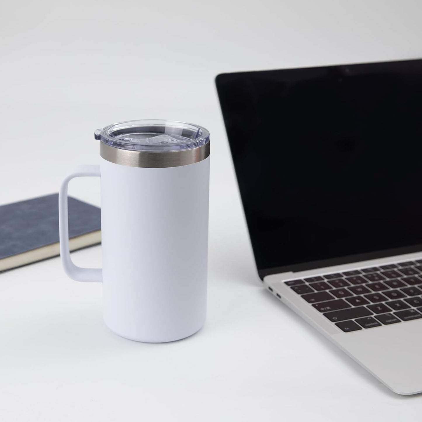 DOMICARE 24oz Mug with Handle and Lid, Stainless Steel Coffee Mug, Travel Mug with Handle, Double Wall Vacuum Coffee Tumbler, Reusable Insulated Cup, White, Pack 4