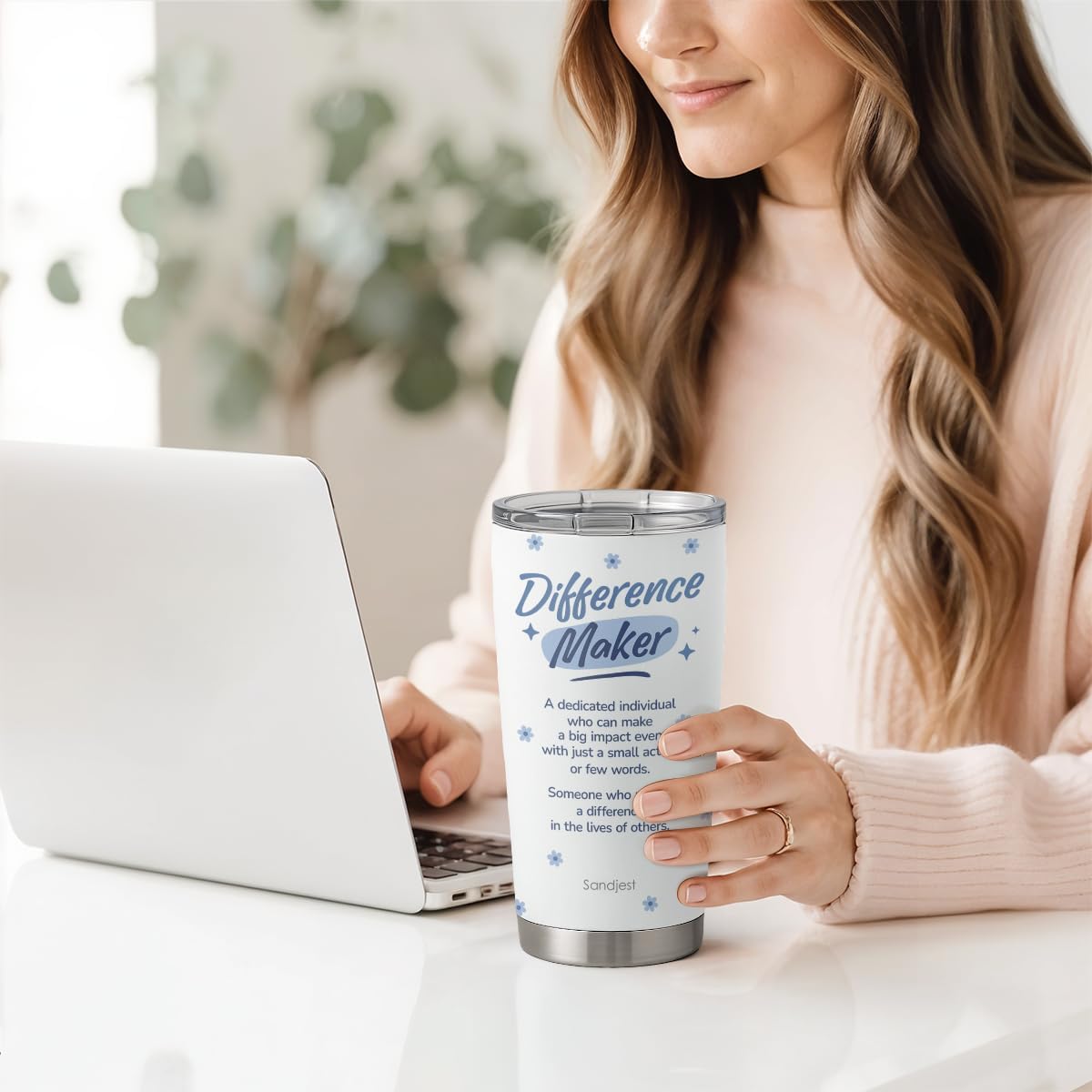 SANDJEST Inspiration Tumbler 20oz, Stainless Steel Travel Cup with Lid, Difference Maker Insulated Coffee Mug, Inspiration Gifts for Women Girls Friends Sisters on Birthday Christmas Valentine