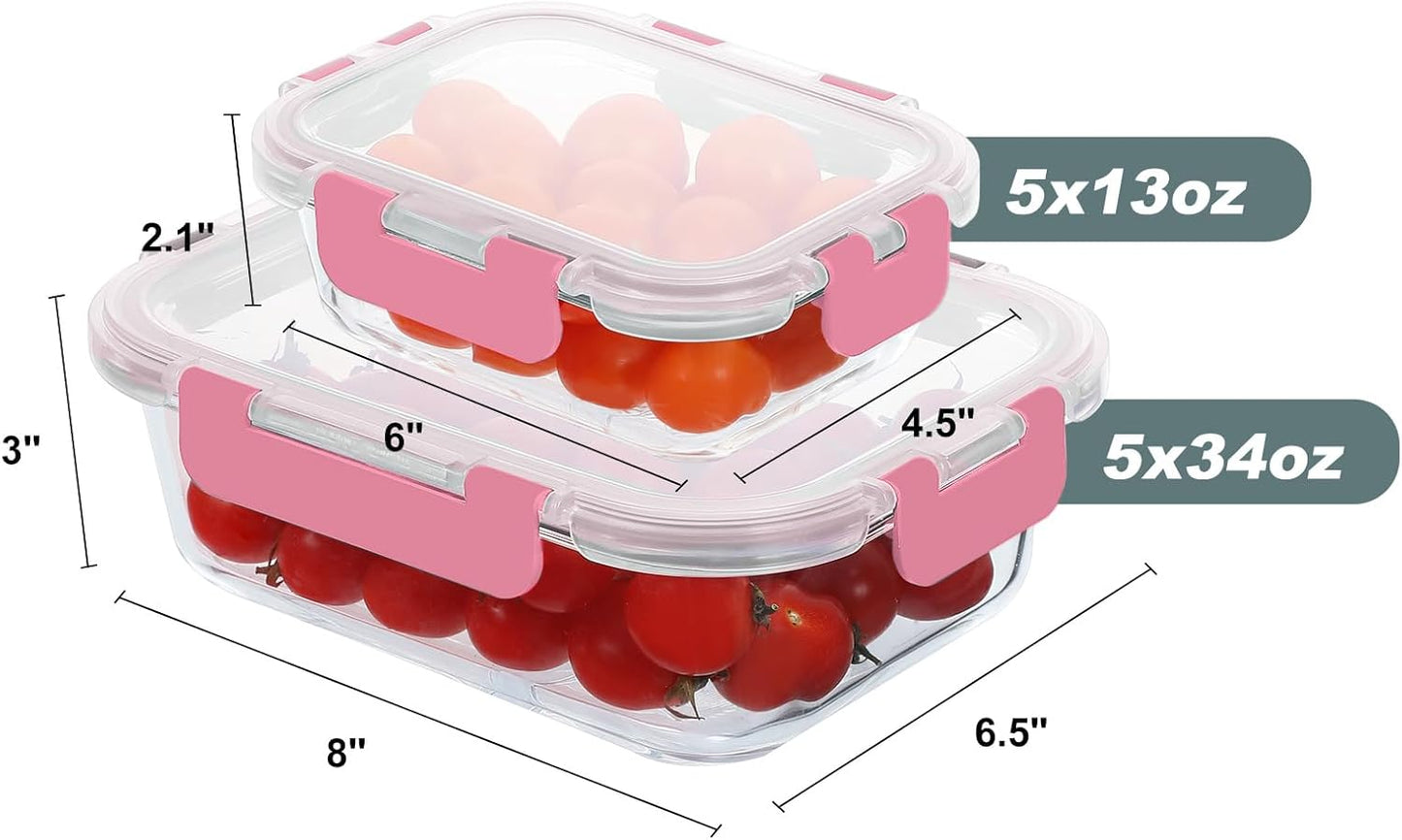 KOMUEE 10 Pack Glass Food Storage Containers, Meal Prep Containers with Lids, Airtight Glass Lunch Boxes, Freezer, Oven, and Microwave Safe, Pink