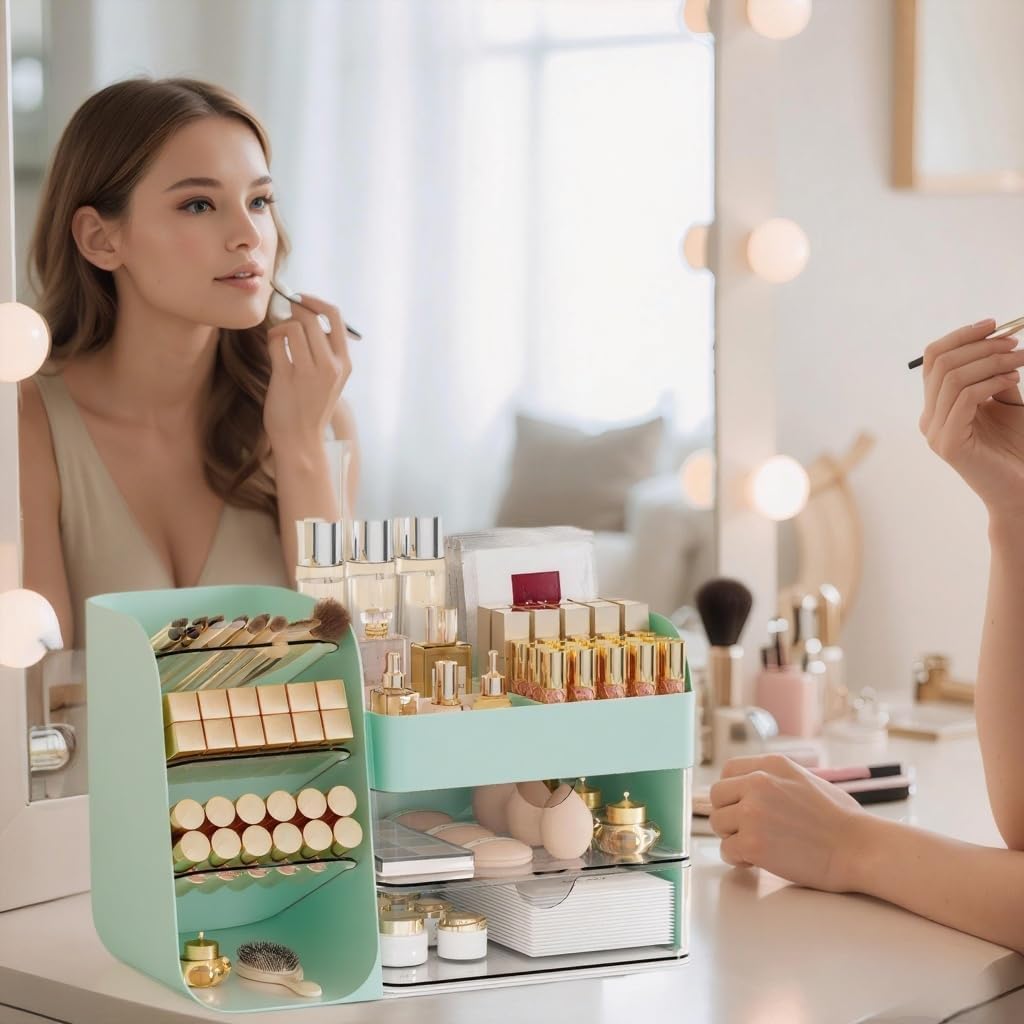 Makeup Organizer with 2 M Drawers & Brush Holders - Cosmetic Storage Case for Vanity, Bathroom Countertop & Desk - Skincare & Office Supplies Organizer (Green, M)