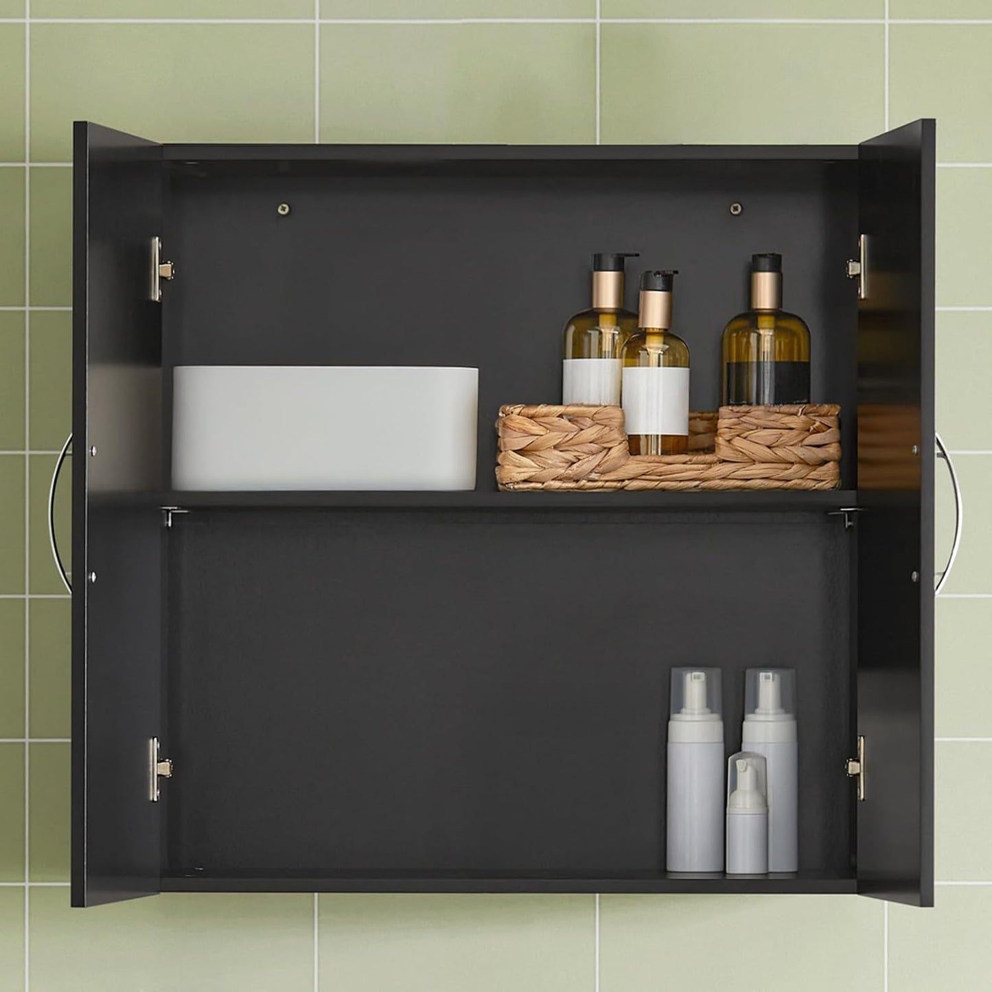 Black Wall Cabinet for Bathroom or Laundry Room, Wall Mounted Storage Cabinet with Doors and Shelf, MDF Organizer Over Toilet, HUS-FRG231
