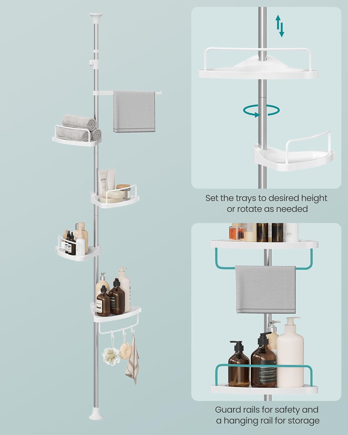SONGMICS Corner Shower Caddy Tension Pole, 4-Tier Rust-Resistant Shower Organizer, Shower Shelf, Drill-Free, 35.8 to 118.1 Inches, Height Adjustable Trays, for Bathroom, Cloud White UBCB008W01