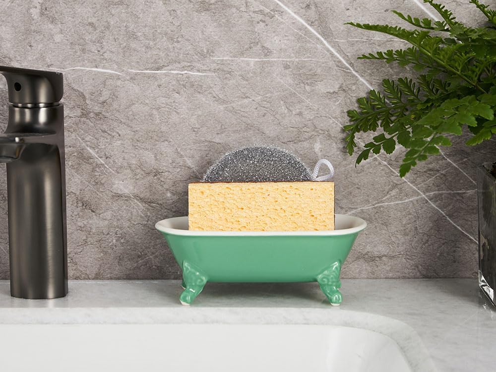 6.5" Ceramic Mini Decorative Clawfoot Bathtub Bar Soap Dish, Kitchen Sponge Holder and Shower Tray for Bathroom, 1 Pack(Mermaid)