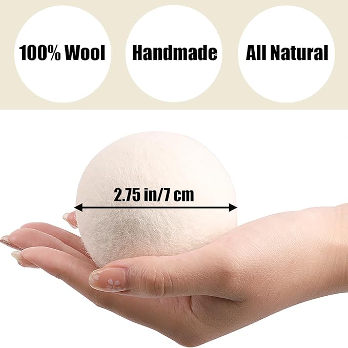 6 Pack Wool Dryer Balls Laundry Reusable Anti Static, Cotton Balls Wool Laundry Balls for Dryer Reduces Clothing Wrinkles Natural Fabric Softener Last 1000+ Loads (White, 2.75 in/7 cm)
