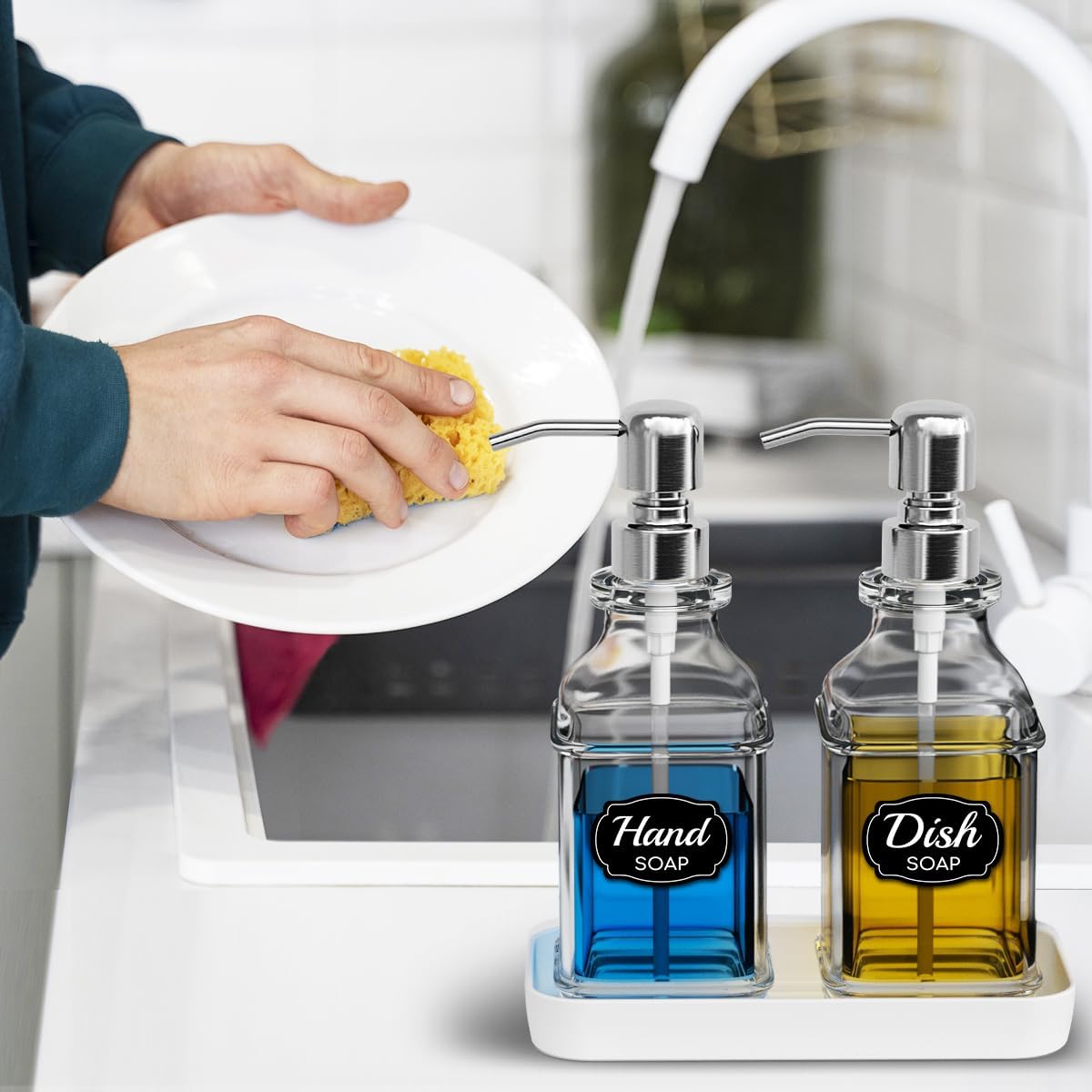 Soap Dispenser - 2 Pack, Antique Design Thick Glass Hand Soap Dispensers with Sturdy Tray; 304 Rust Proof Stainless Steel Silver Pump, 12Pcs Stickers, for Kitchen, Bathroom