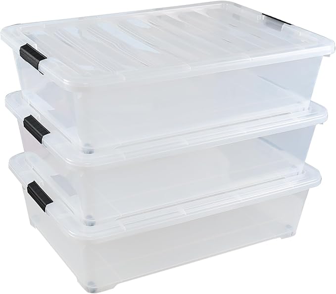 Gloreen 3 Pack Large Under Bed Storage Boxes with Wheels, 50 Quart Clear Plastic Lidded Storage Bins