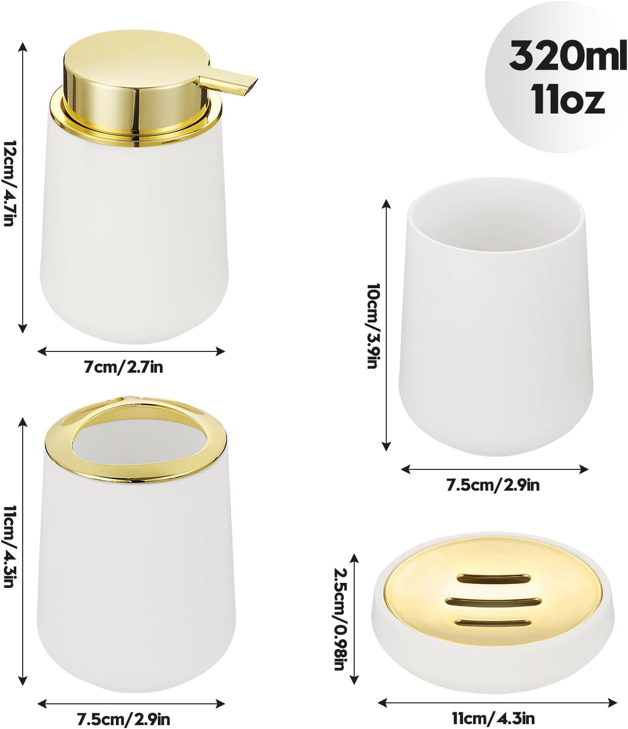 White and Gold Bathroom Accessories 4 Piece Set Luxury Matte Plastic Soap Dispenser Toothbrush Holder Cup Soap Dish for Modern Bathroom Deco