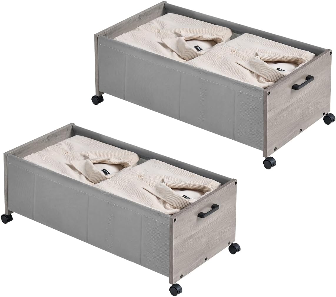 Under Bed Storage with Wheels, Bigger Size, Under Bed Drawers Heavy Duty, 2 Packs, Wooden Under Bed Storage Containers Organizer, Metal Frame, Patented Design