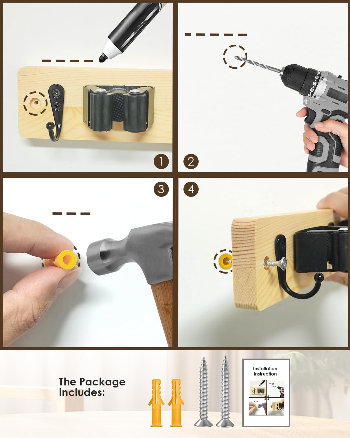 Broom Holder Wall Mounted, Light Wood 4 Holders and 4 Hooks Mop Holder, Wooden Mop and Broom Holder with Anti slip rubber, Natural pine wood Brush Holder, Mop Wall Holde with Nail installation