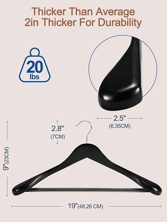 HOUSE DAY 19'' Extra Wide Shoulder Wooden Hangers 6 Pack, Premium Large Wood Suit Hangers with Non Slip Pant Holder, Wide Shoulder Hangers for Suits, Coats, Jackets, Heavy Wide Clothes Hanger, Black