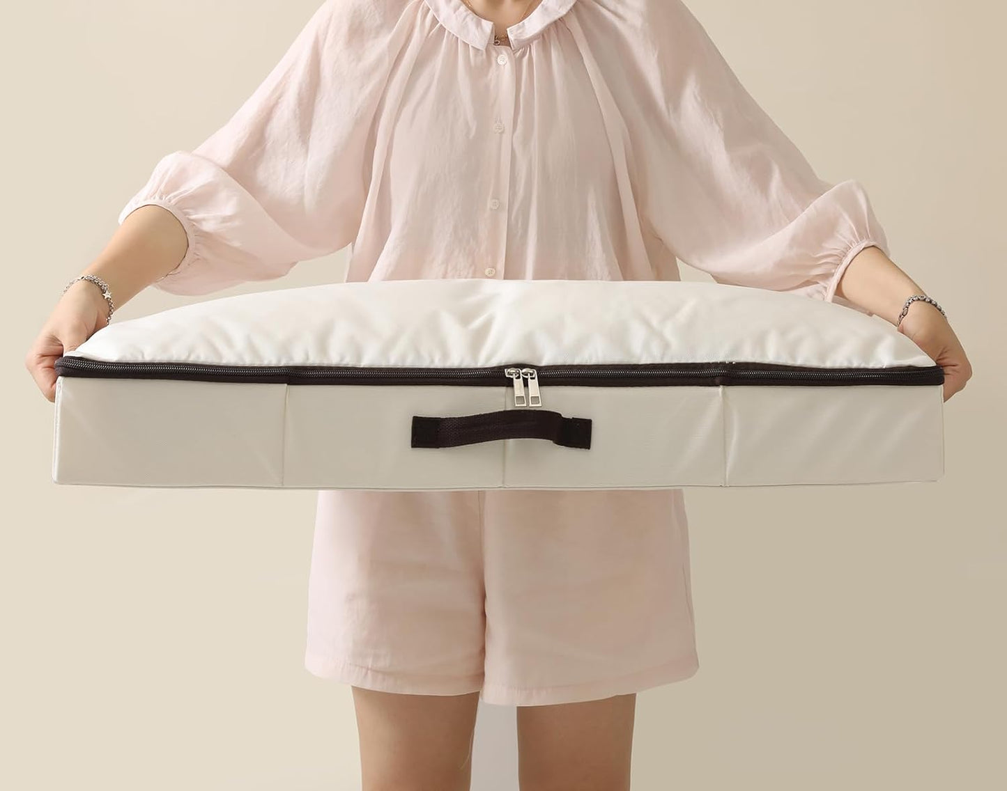 AMJ 4" Foldable Underbed Storage Closet Organizers and storage bins, Under Bed Garment Storage Bins, Folding & Washable, Soft Zip Lid, Beige