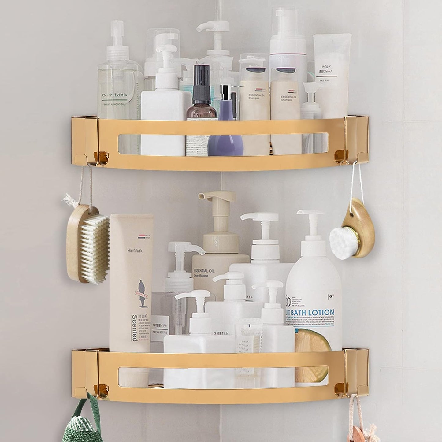 NearMoon Bathroom Shower Caddy 2 Pack, No Drill 304 Stainless Steel Shower Organizer with 2 Hooks (Corner Shelf, Gold)