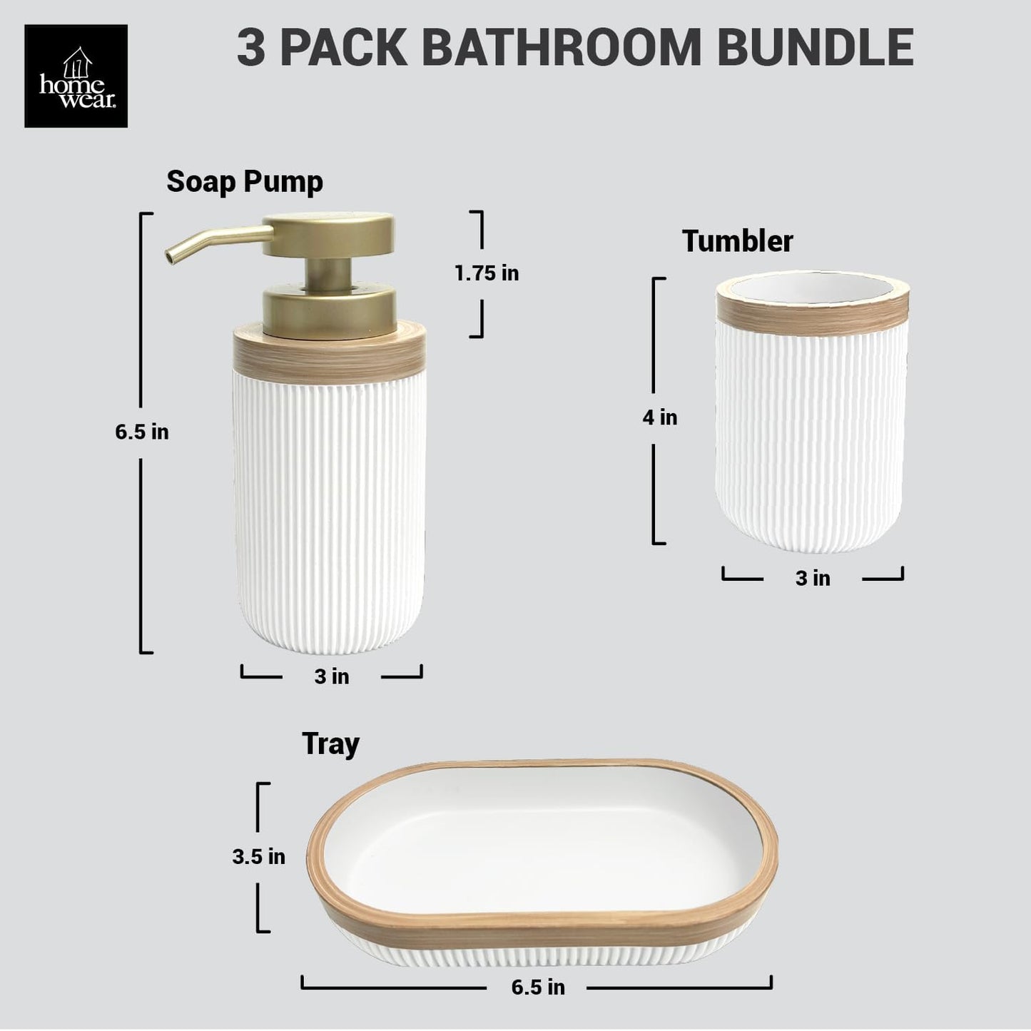 3-Piece Bath Accessories Set with Vanity Tray, Lotion Soap Pump, Bathroom Tumbler, Countertop Organizer, White