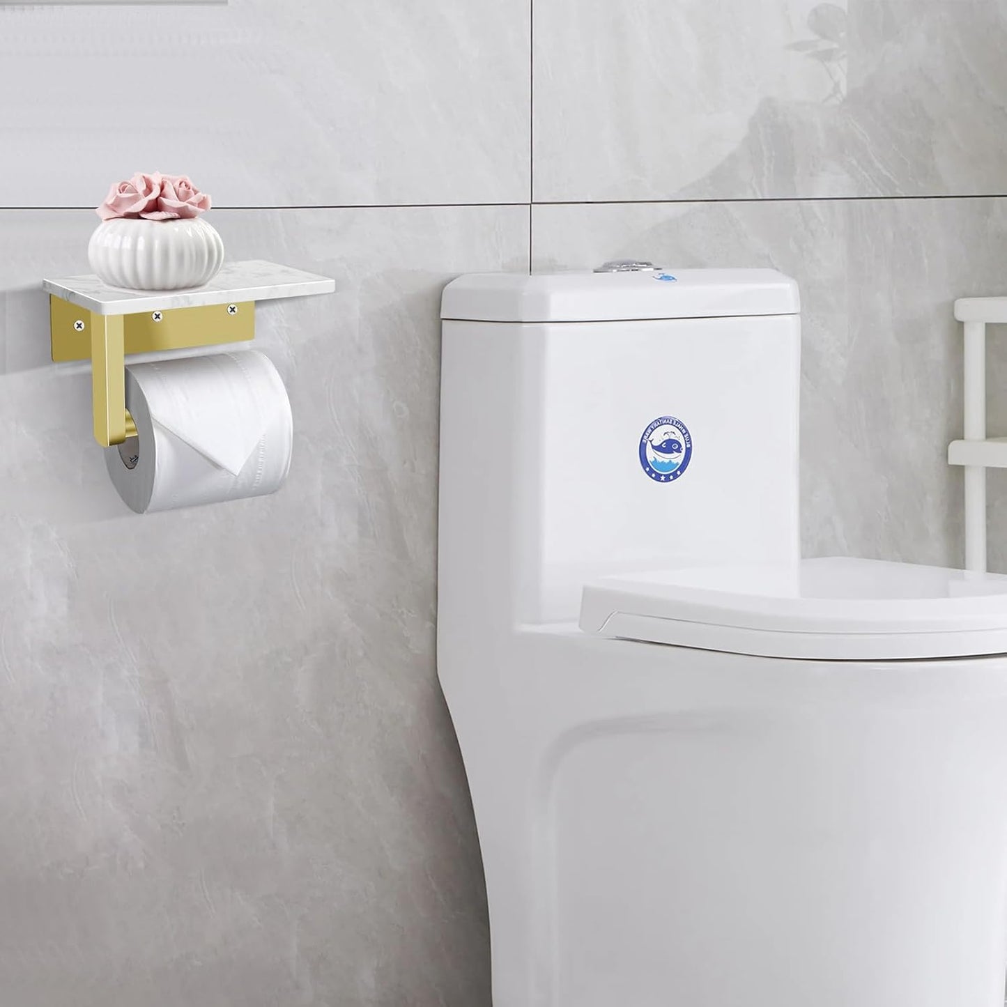 Toilet Paper Holder with Marble Shelf, SUS304 Brushed Gold Stainless Steel Wall Mounted Natural Marble Toilet Paper Holder and 2PCS Adhesive Hooks for Bathroom Washroom