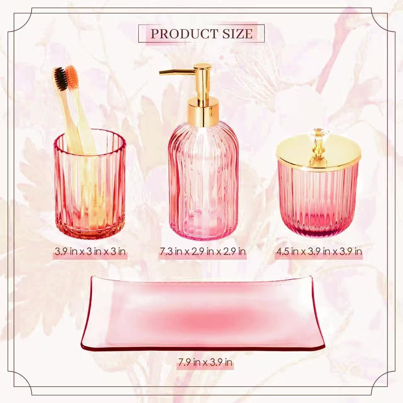 Designer Pink Glass Bathroom Accessories Sets - 4 Pcs with Lotion Soap Dispenser, Bathroom Toothbrush Holder, Vanity Tray, and Apothecary Jar, Vintage Bathroom Decor
