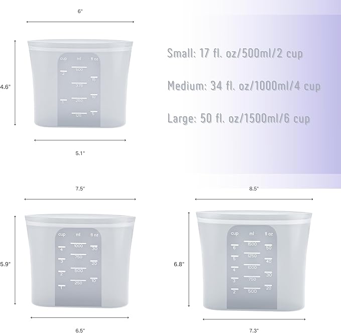 Platinum Silicone Food Storage Bag Reusable Silicone Freeze Bag Snack Bag, Wide Base Stand-up, White Translucent, 3pcs BPA Free Freezeable Microwaveable Dishwasher, Christmas Gift