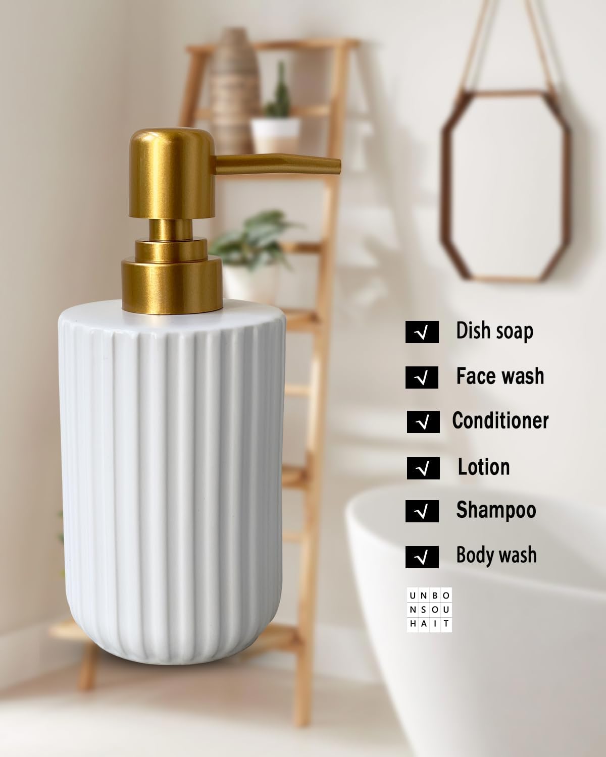 Soap Dispenser for Bathroom,12 Oz Liquid Soap Dispenser for Kitchen,Ceramic Hand Soap Dispenser with Plastic Pump,Simple Style Soap Dispenser (Gold and White Cylindrical Soap Dispenser)