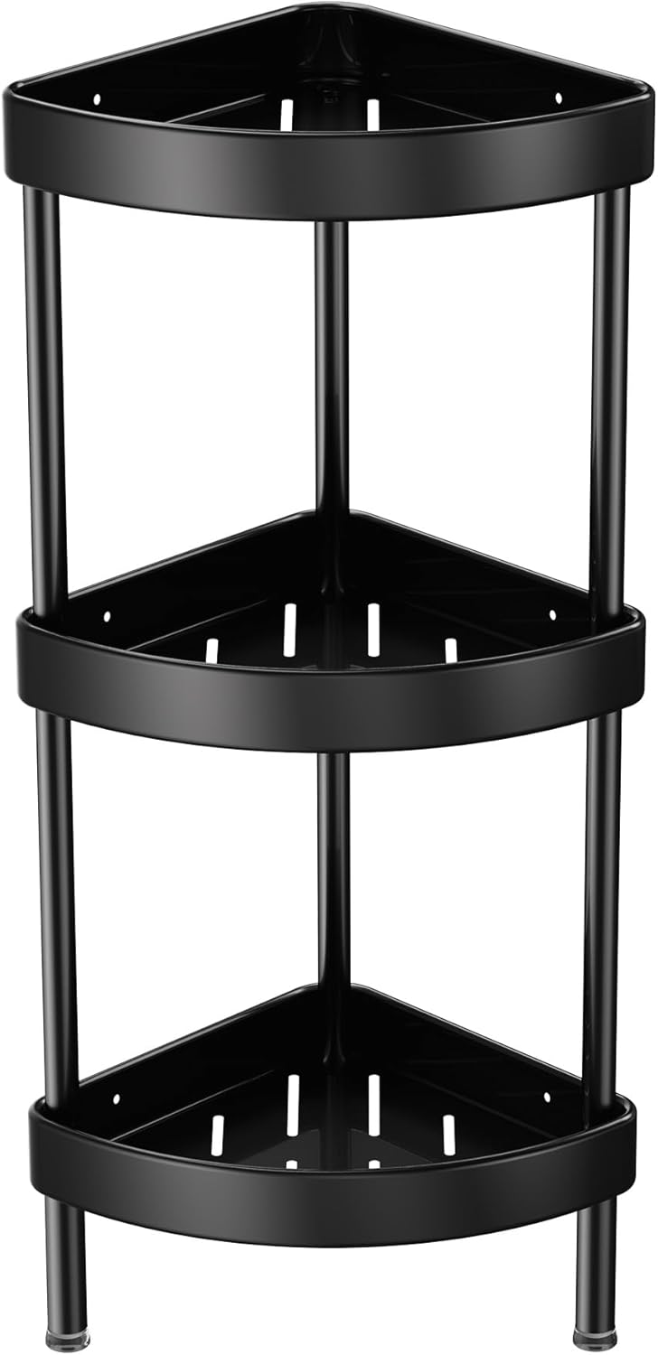 Nieifi Corner Shower Caddy Stand Rustproof Anodized Aluminum Standing Shower Organizer-Shower Caddy Corner-Dual Stability to Anti-Shaking-Height-Adjustable Legs for Uneven Surfaces (Black, 3-Tier)