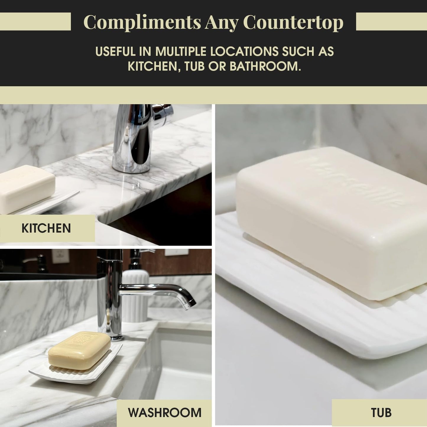 Modern Zen White Soap Dish - 4.9 x 3 Inches - Durable Ceramic Bar Soap Holder with Soap Saver Ridges, Non Slip Feet - Soap Dish for Shower, Bathroom and Kitchen